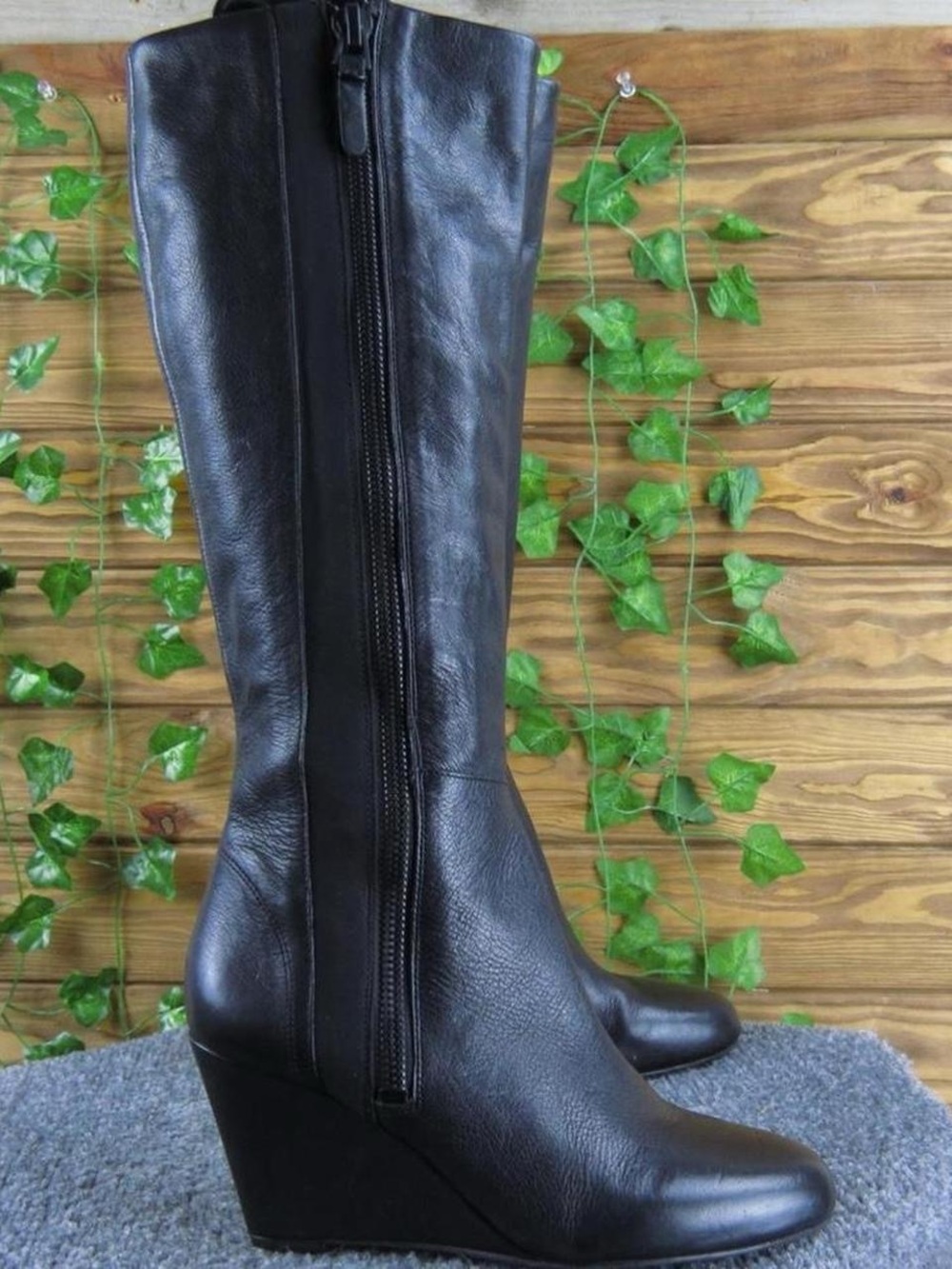 Black leather wedge boot